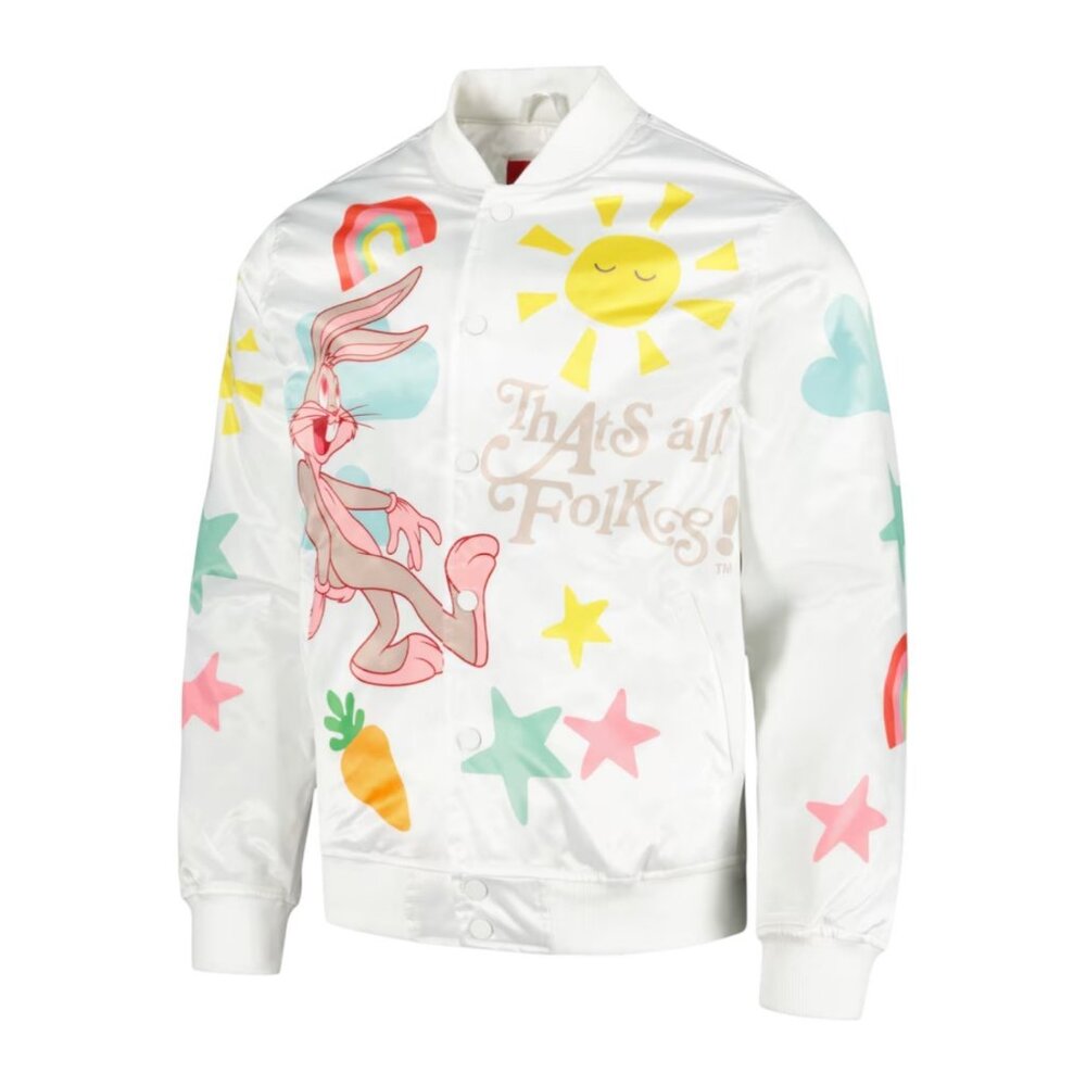 Looney Tunes Bugs Bunny Satin Snap Bomber Jacket WHITE Freeze Max Men's - Picture 2 of 3